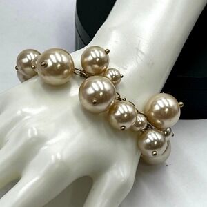 J. Crew Beige Taupe Faux Pearl Cluster Dangle Gold Tone Cha Cha Bracelet